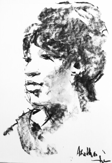 Drawing titled "Aretha" by Dominique Dève, Original Artwork, Charcoal
