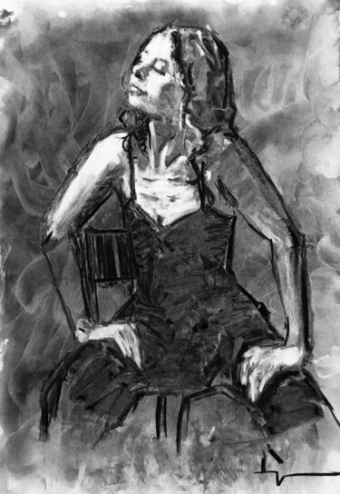 Drawing titled "Femme et Flammes" by Dominique Dève, Original Artwork, Charcoal