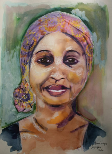 Painting titled "Awa au foulard" by Dominique Drujon, Original Artwork, Watercolor