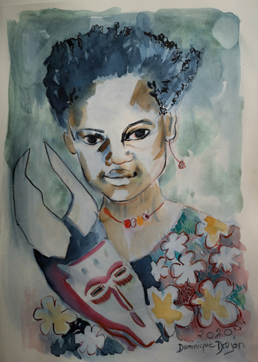Petite fille au Masque Peinture intitulée "Petite fille au Mas…" par Dominique Drujon, Œuvre d'art originale, Aquarelle