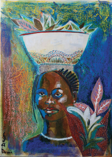 Painting titled "porteuse d'herbes" by Dominique Drujon, Original Artwork, Acrylic Mounted on Wood Stretcher frame