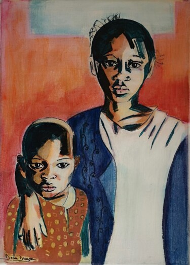 Painting titled "Cousin et Cousine" by Dominique Drujon, Original Artwork, Acrylic Mounted on Wood Stretcher frame