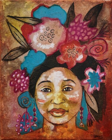 Painting titled "Awa, coiffée de fle…" by Dominique Drujon, Original Artwork, Acrylic Mounted on Wood Stretcher frame