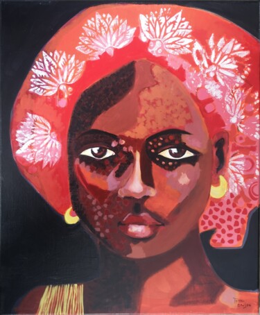 Painting titled "Femme au turban rou…" by Dominique Drujon, Original Artwork, Acrylic