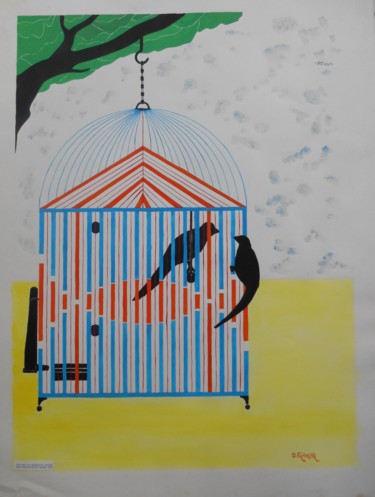 Malerei mit dem Titel "Les oiseaux" von Dominique Frampier, Original-Kunstwerk, Gouache