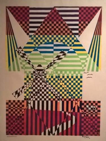 Dessin intitulée "Les moulins" par Dominique Frampier, Œuvre d'art originale, Gouache