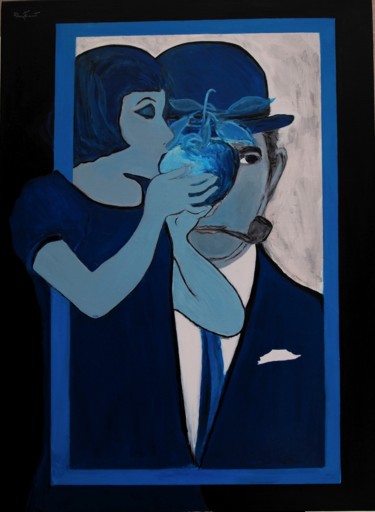 Painting titled "Good Bye Magritte" by Dominique Franot, Original Artwork, Acrylic Mounted on Wood Stretcher frame