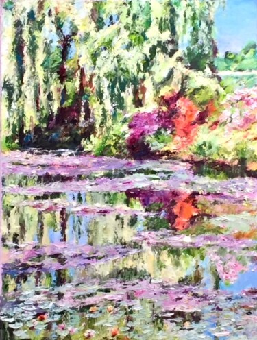 Painting titled "Reflets à Giverny" by Dominique Gobelin Mansour, Original Artwork, Oil