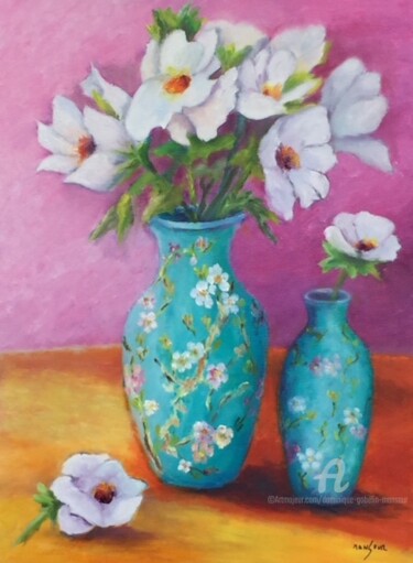 Картина под названием "Bouquet blanc" - Dominique Gobelin Mansour, Подлинное произведение искусства, Масло