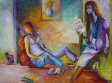 Painting titled "la lecture" by Dominique Gobelin Mansour, Original Artwork, Oil