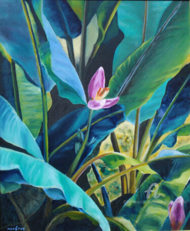 Картина под названием "fleurs de bananier" - Dominique Gobelin Mansour, Подлинное произведение искусства, Масло