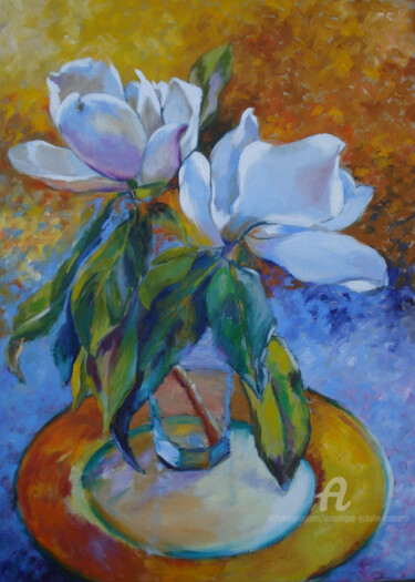 Schilderij getiteld "fleurs de magnolia" door Dominique Gobelin Mansour, Origineel Kunstwerk, Olie