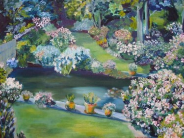 Painting titled "un jardin" by Dominique Gobelin Mansour, Original Artwork, Oil