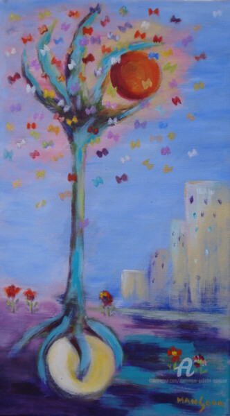 Painting titled "l'arbre le jour" by Dominique Gobelin Mansour, Original Artwork, Acrylic