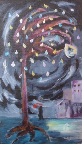 Painting titled "l'arbre sous la plu…" by Dominique Gobelin Mansour, Original Artwork, Acrylic