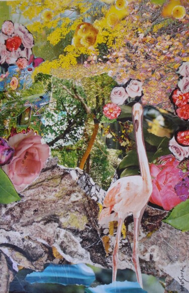 Collages titulada "Rose flamant" por Dominique Gobelin Mansour, Obra de arte original