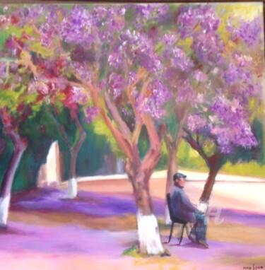 Malerei mit dem Titel "Sous les jacarandas" von Dominique Gobelin Mansour, Original-Kunstwerk, Öl