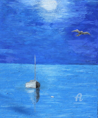 Painting titled "Pleine lune en mer" by Dominique Goujard, Original Artwork, Oil