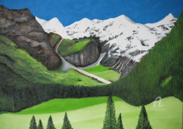 Painting titled "Montagne et forêt" by Dominique Goujard, Original Artwork, Oil