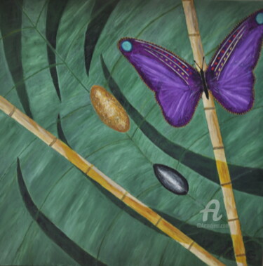 Peinture intitulée "Papillon et Feuille" par Dominique Goujard, Œuvre d'art originale, Huile