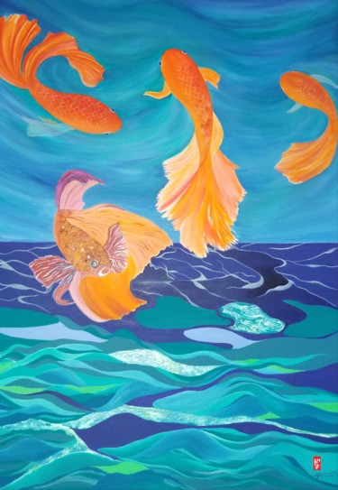 Painting titled "Mystérieux poissons…" by Dominique Hernandez, Original Artwork, Acrylic