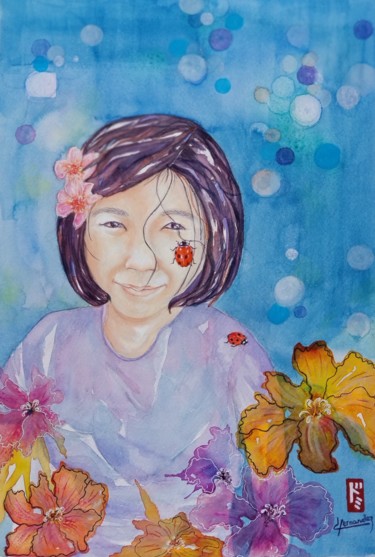 Painting titled "La fillette aux coc…" by Dominique Hernandez, Original Artwork, Watercolor