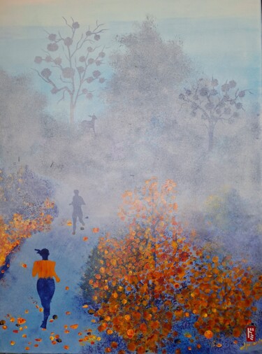 Schilderij getiteld "Running en sous-bois" door Dominique Hernandez, Origineel Kunstwerk, Acryl