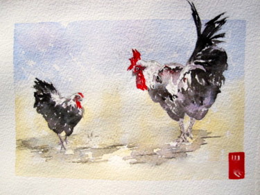 Painting titled "Oooh la belle poule" by Dominique Hernandez, Original Artwork, Watercolor