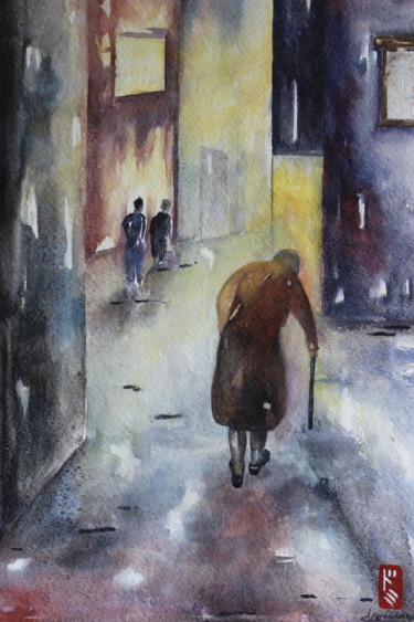Painting titled "La ruelle (oeuvre p…" by Dominique Hernandez, Original Artwork, Watercolor Mounted on Other rigid panel