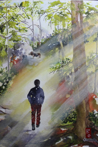 Painting titled "Le maître et son ch…" by Dominique Hernandez, Original Artwork, Watercolor