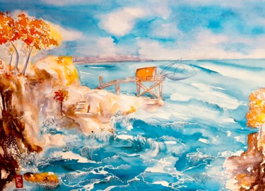 Peinture intitulée "Rêverie de pêcheur" par Dominique Hernandez, Œuvre d'art originale, Aquarelle