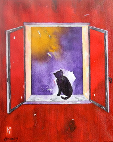 제목이 "Chat à la fenêtre"인 미술작품 Dominique Hernandez로, 원작, 수채화