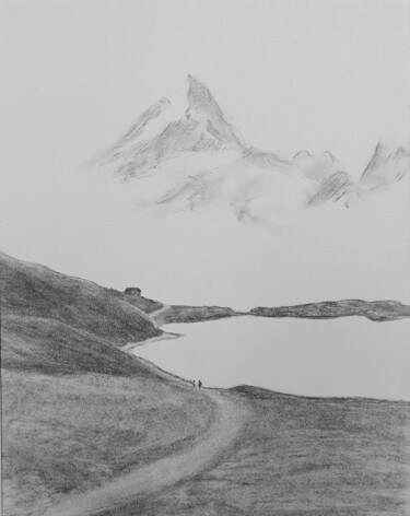 Zeichnungen mit dem Titel "Le Lac de Grindelwa…" von Dominique Hieaux, Original-Kunstwerk, Kohle