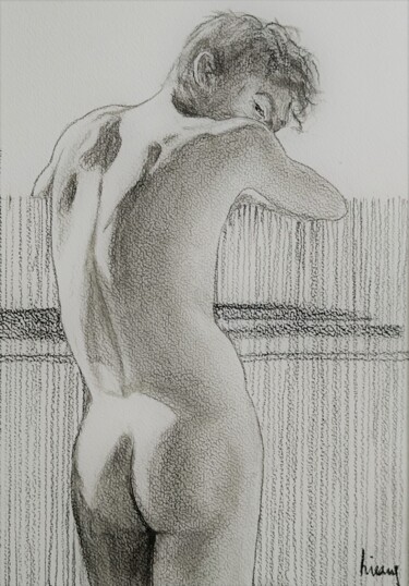 Drawing titled "The guy on the beach" by Dominique Hieaux, Original Artwork, Charcoal