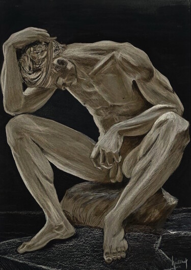 Dibujo titulada "Homme assis" por Dominique Hieaux, Obra de arte original, Tiza