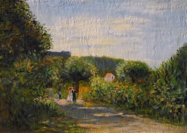 Pittura intitolato ""la route à Louveci…" da Dominique Imbert, Opera d'arte originale, Olio Montato su Pannello di legno