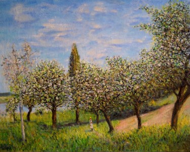 Painting titled "Arbres en fleurs au…" by Dominique Imbert, Original Artwork, Oil