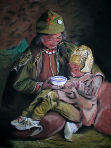 Peinture intitulée "la femme et l'enfant" par Dominique Jolivet, Œuvre d'art originale, Pastel