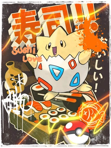 Peinture intitulée "pokemon sushi" par Dominique Kleiner, Œuvre d'art originale, Peinture numérique