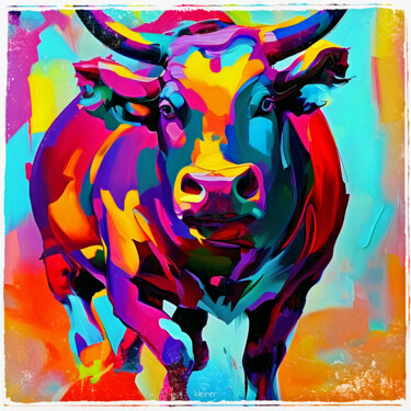 Painting titled "Bull Charging" by Dominique Kleiner, Original Artwork, Digital Painting