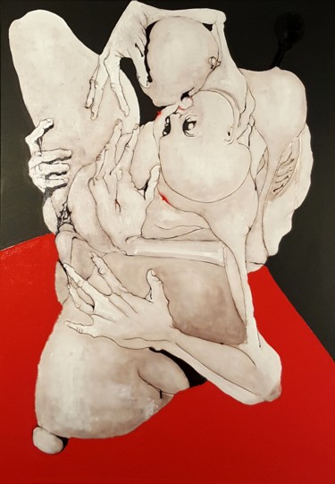 Painting titled "Hug" by Dominique Laude, Original Artwork, Oil
