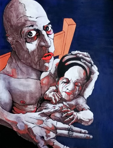 Peinture intitulée "L'homme à l'enfant" par Dominique Laude, Œuvre d'art originale, Huile