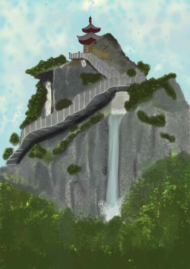 Digital Arts titled "Japan temple and wa…" by Dominique Lhermet, Original Artwork, Digital Painting