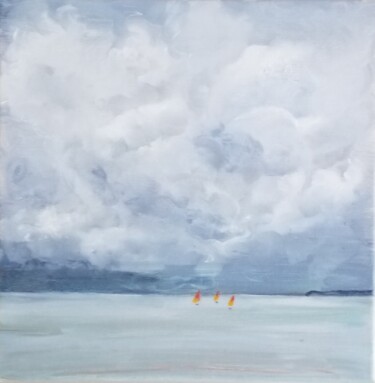 Painting titled "Voiles dans la baie…" by Dominique Maisonneuve, Original Artwork, Oil Mounted on Wood Stretcher frame