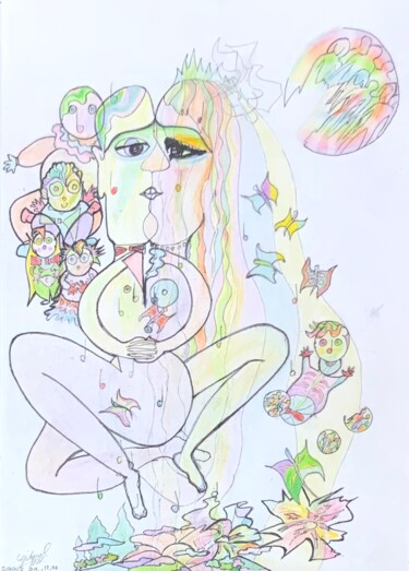 Disegno intitolato "FAMILLE NOMBREUSE" da Dominique-Marie Gibaud Ubelmann, Opera d'arte originale, Matite colorate