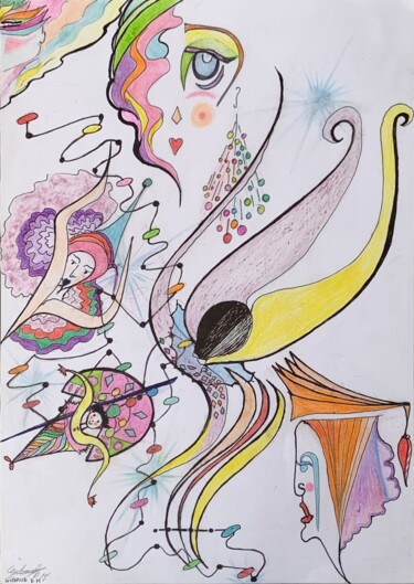 Disegno intitolato "LE TRAPÉZISTE" da Dominique-Marie Gibaud Ubelmann, Opera d'arte originale, Matite colorate