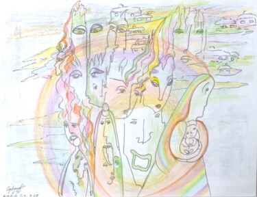 Disegno intitolato "Les passants 2" da Dominique-Marie Gibaud Ubelmann, Opera d'arte originale, Matite colorate