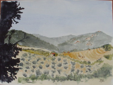 Pintura intitulada "Toscane (Pomarance)…" por Dominique Metras, Obras de arte originais, Aquarela
