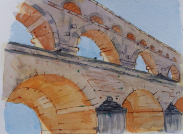 Painting titled "Le pont du Gard" by Dominique Metras, Original Artwork, Watercolor