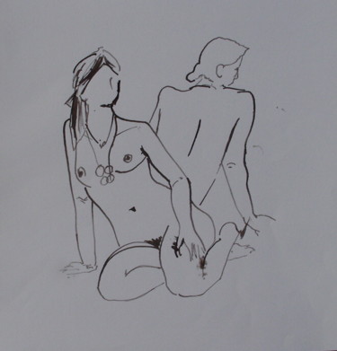 Drawing titled "Modèles :pose 15mn" by Dominique Metras, Original Artwork, Ink